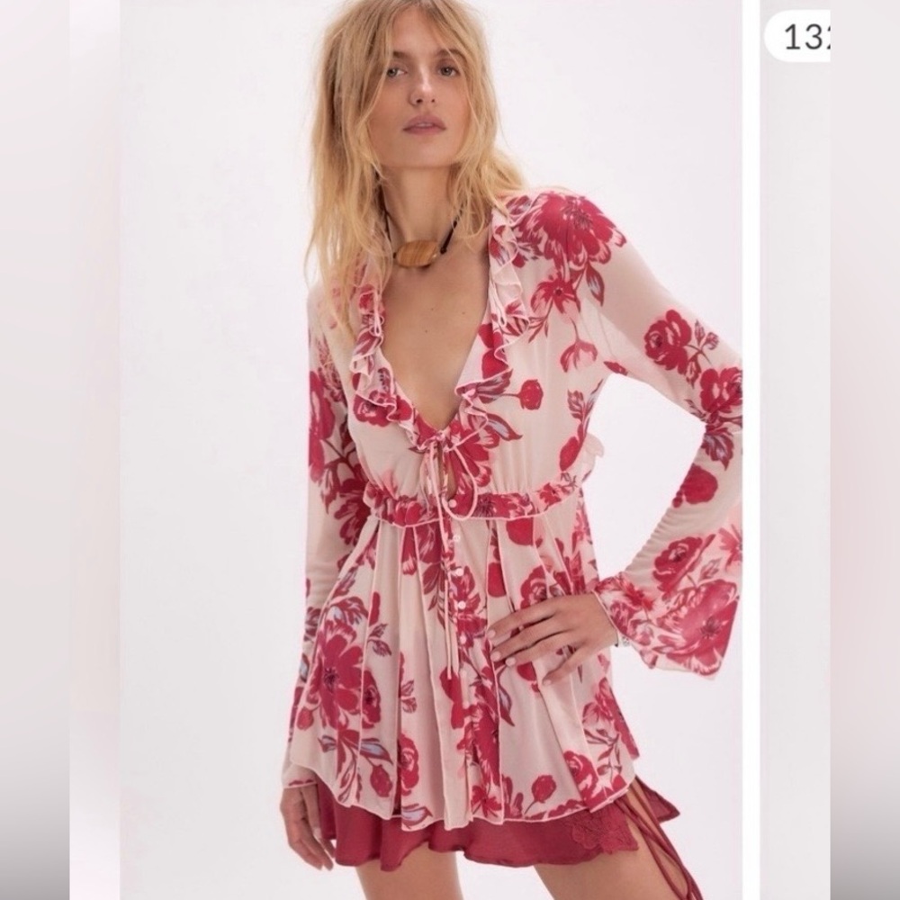 Free People Pink and Red Floral Top NWOT